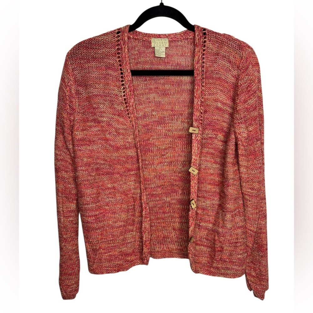 Sigrid Olsen Red Multicolor Linen Blend Open Front Cardigan Size Medium